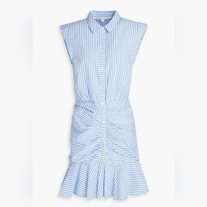 Veronica Beard Bell Ruched Striped Poplin Mini Shirt Dress
